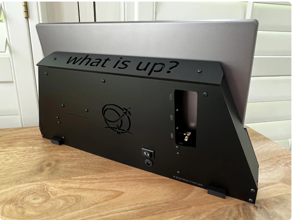 Machined enclosure with laser-etched What Is Up? mark and labeled ports
